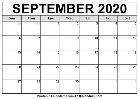 Printable Monthly Calendar September 2020